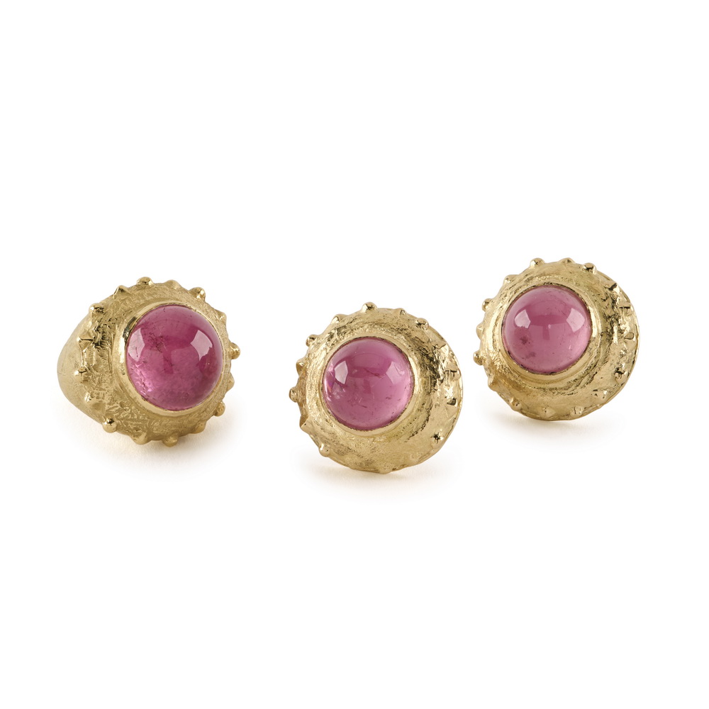Large "Dots and Diamonds" Ring and Earrings with Pink Tourmaline