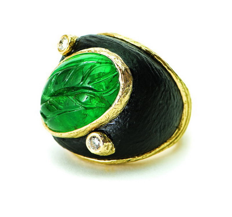 Emerald, Jet and Diamond Ring
