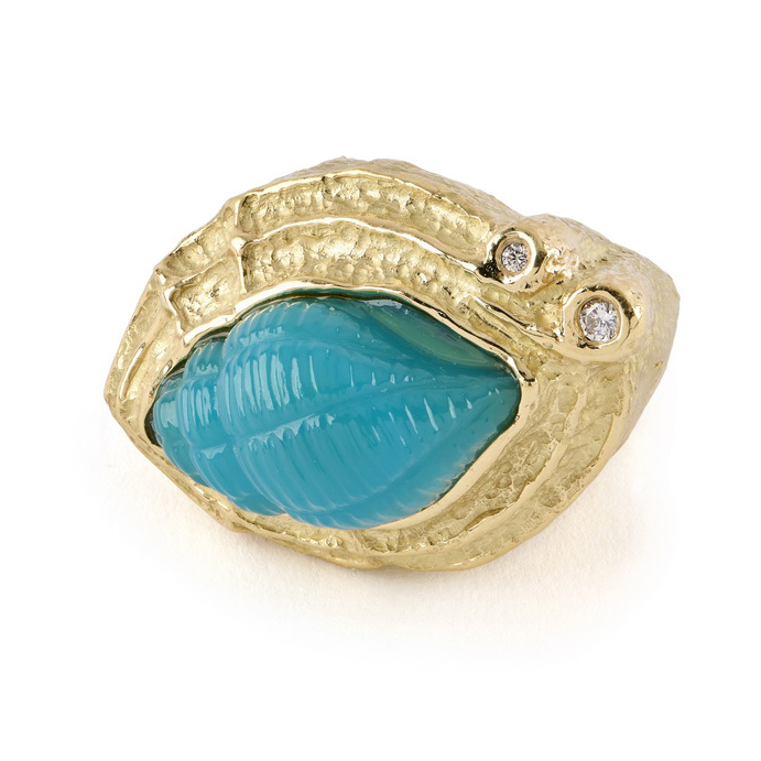  Diamond, Carved Blue Agate "Shell" Ring