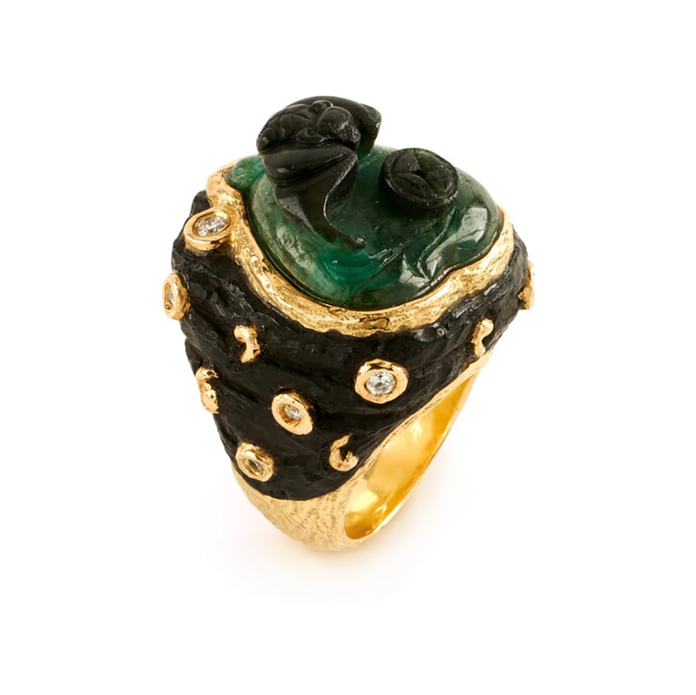 Carved Emerald, Jet and Diamond Ring