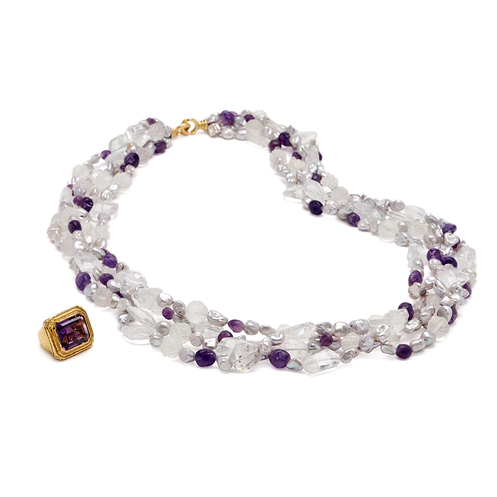 Amethyst, Keshi Pearl, Quartz and Rock Crystal Necklace with Extra Large 