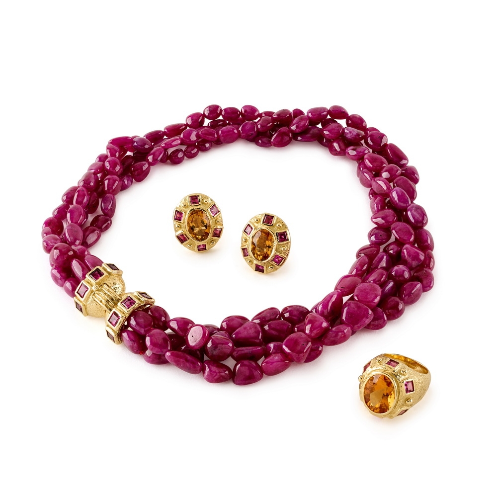 Multi-Strand Tumbled Ruby Bead Necklace R-1618,_N-2510-17740_E-1712,_Faceted_Oval_Citrine_and_Rubellite_Ring_Earrings_w_Multi_Strand,_Tumbled_Ruby_Bead_Necklace_w_E2_clasp_w_Rubellite.jpg
