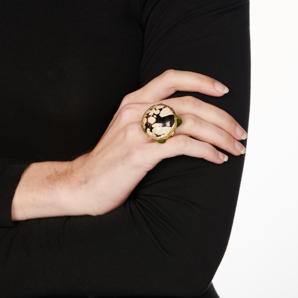 Peridot, Peanut Wood Cabochon and Cognac Diamond Ring R-1628-15644_on_model.jpg
