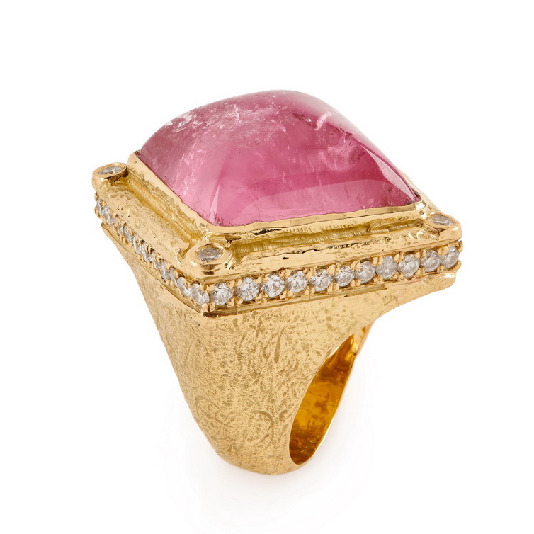Pink Tourmaline Sugarloaf Cab and Diamond Ring