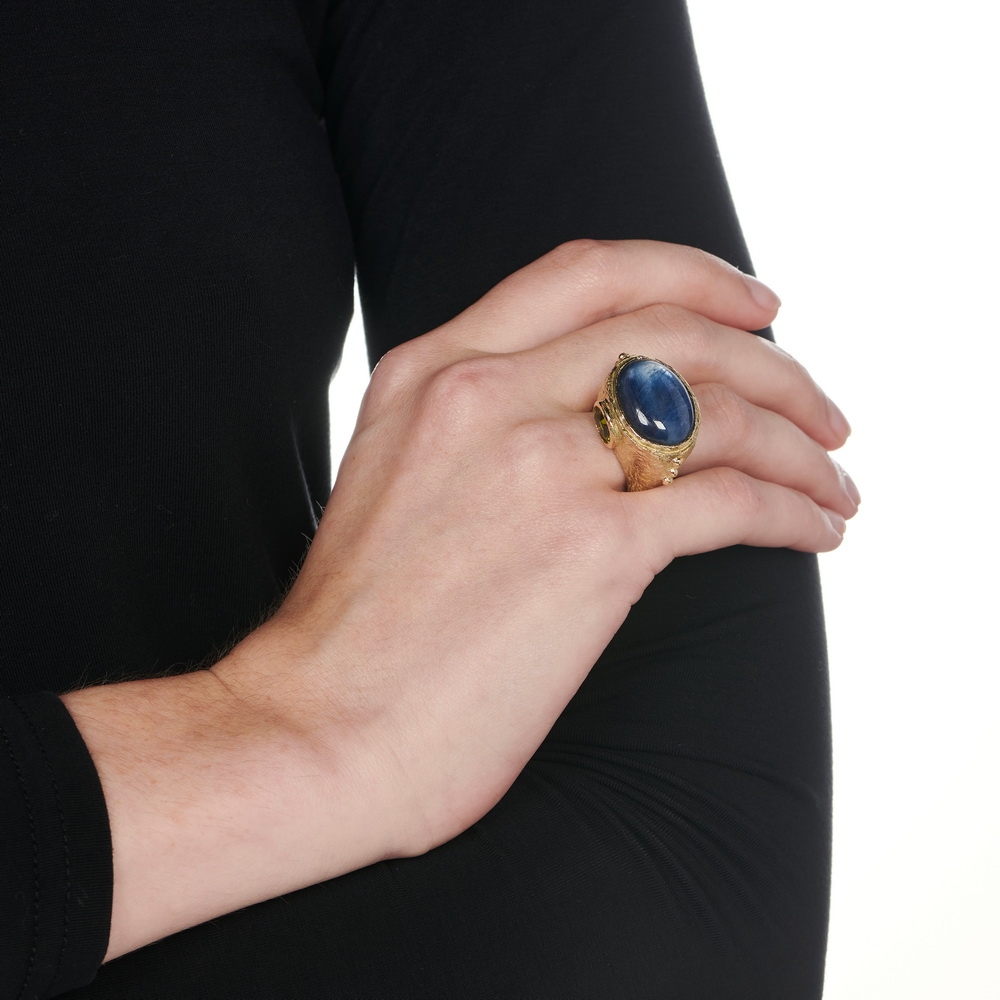 Kyanite Cabochon and Faceted Peridot Ring R-1643-15800_on_model.jpg