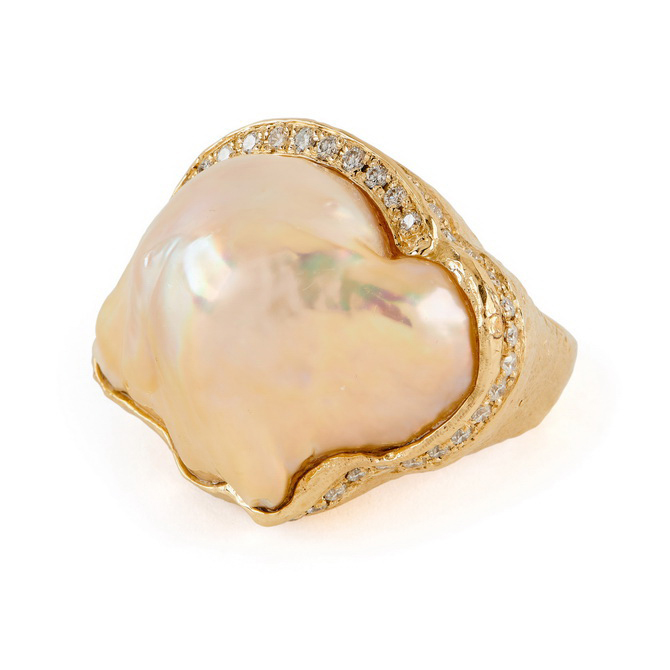 Fresh Water Peach Baroque Pearl and Diamond Ring