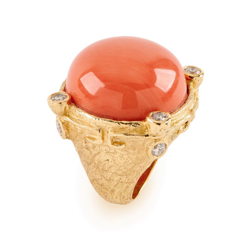 Momo Coral Cabochon and Diamond Ring