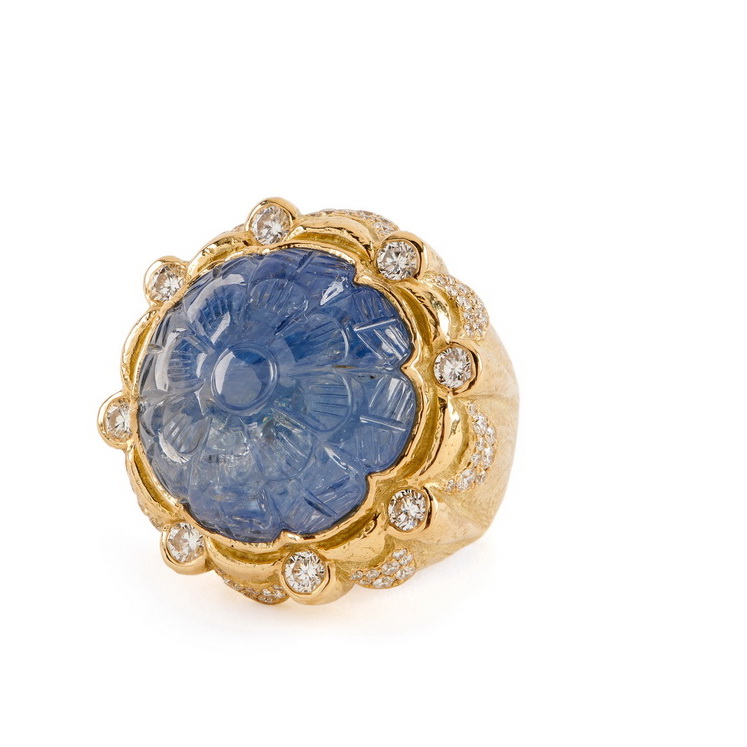Carved Sapphire and Diamond Ring