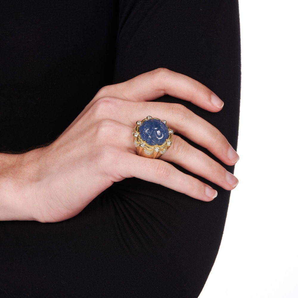 Carved Sapphire and Diamond Ring R-1649-15865_on_model.jpg