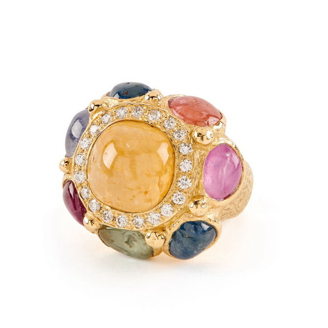 Unheated Multicolored Sapphire and Diamond Ring