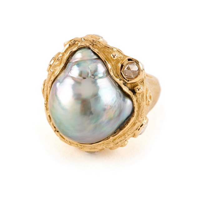 Gray Baroque Tahitian Pearl and Rosecut Diamond Ring