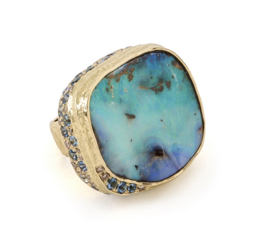 Freeform Boulder Opal, Aqua and Cognac Diamond Ring