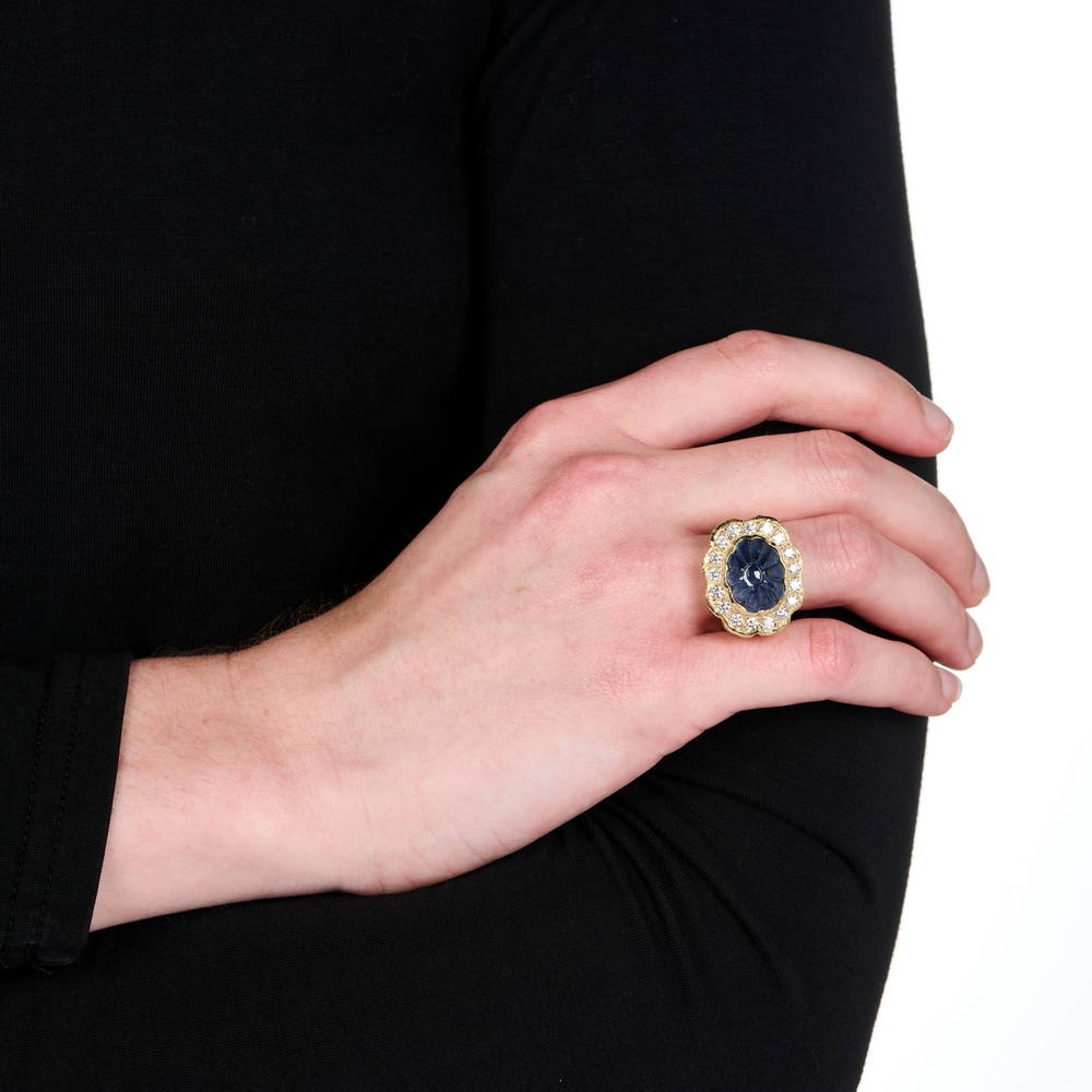 Carved Sapphire and Diamond Ring R-1747_on_model.jpg
