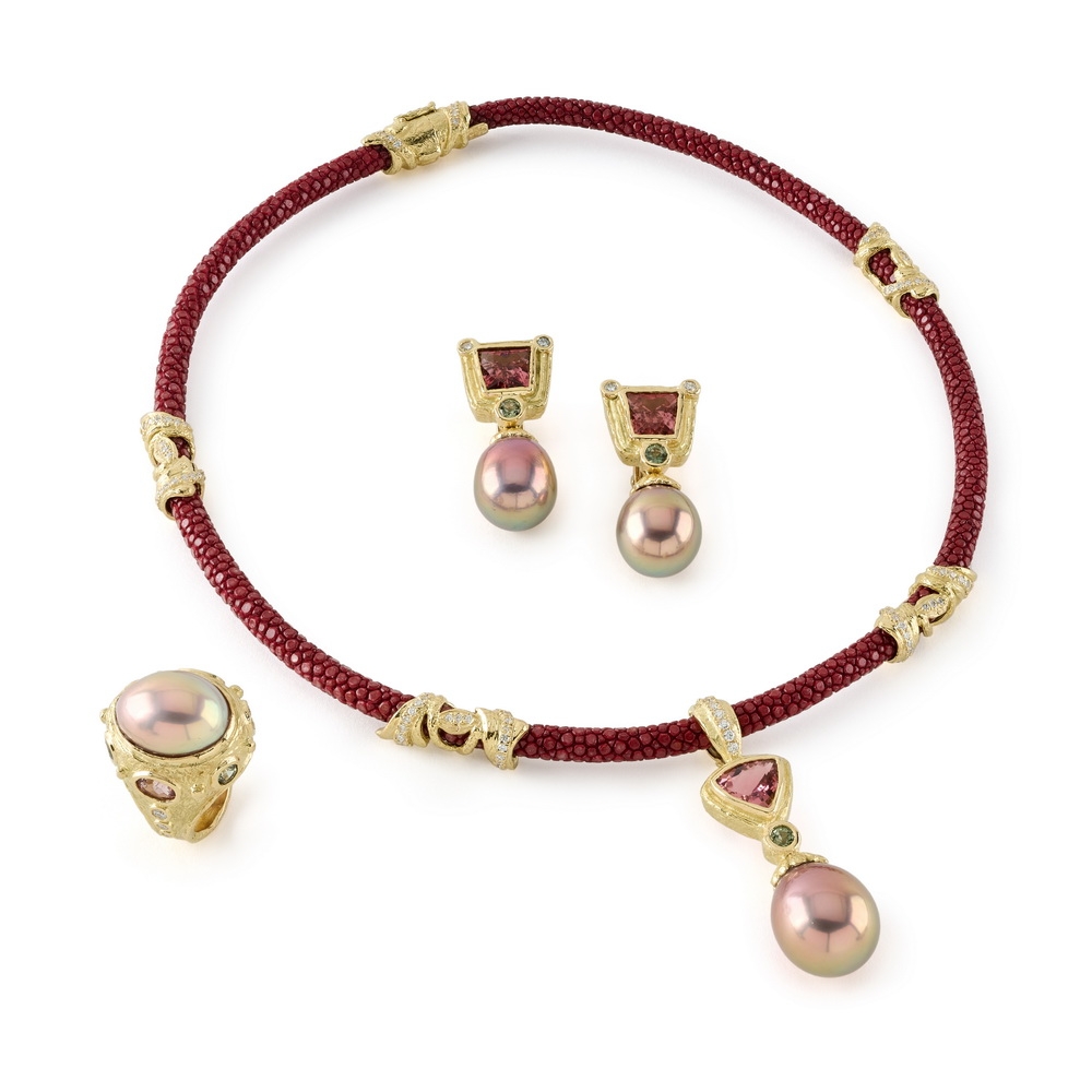 Faceted Tourmaline, Green Sapphire and Diamonds with Freshwater Pearl Drop Pendant R-1764,_D-1508_on_N-2511_E-1905,Dia,_FW_Pearl,_Fac__Tourm_Gn_Sap_Ring,_Dia,_Fac__Pink_Trm_Grn_Sap_Pndnt_Ears_w_FW_Pearl_Drps_Dia_Foglie_Bourdeaux_Stngry_Nck1.jpg