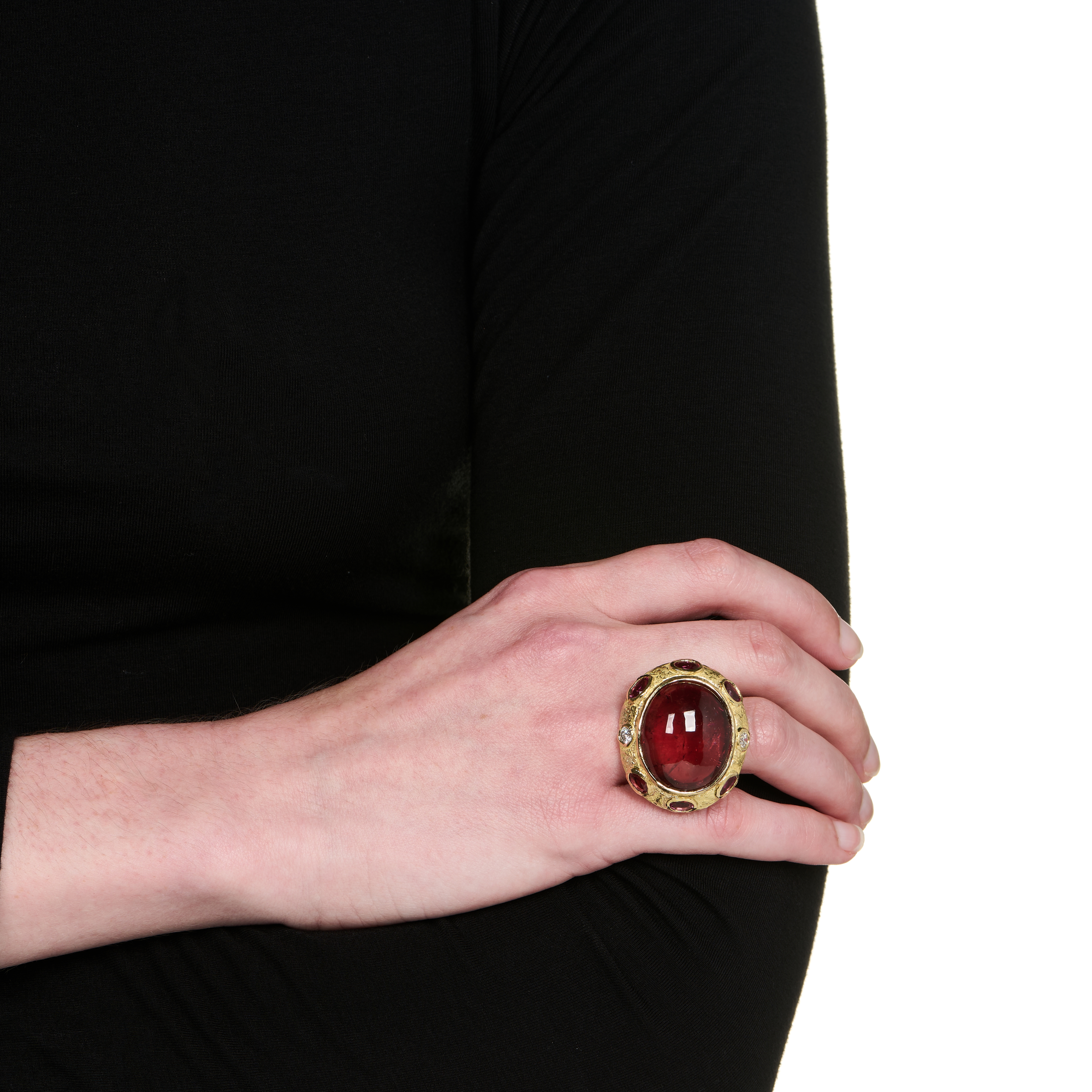 Cabochon Rubellite, Faceted Pink Tourmaline and Diamond Ring R-1765-17775_on_model.jpg